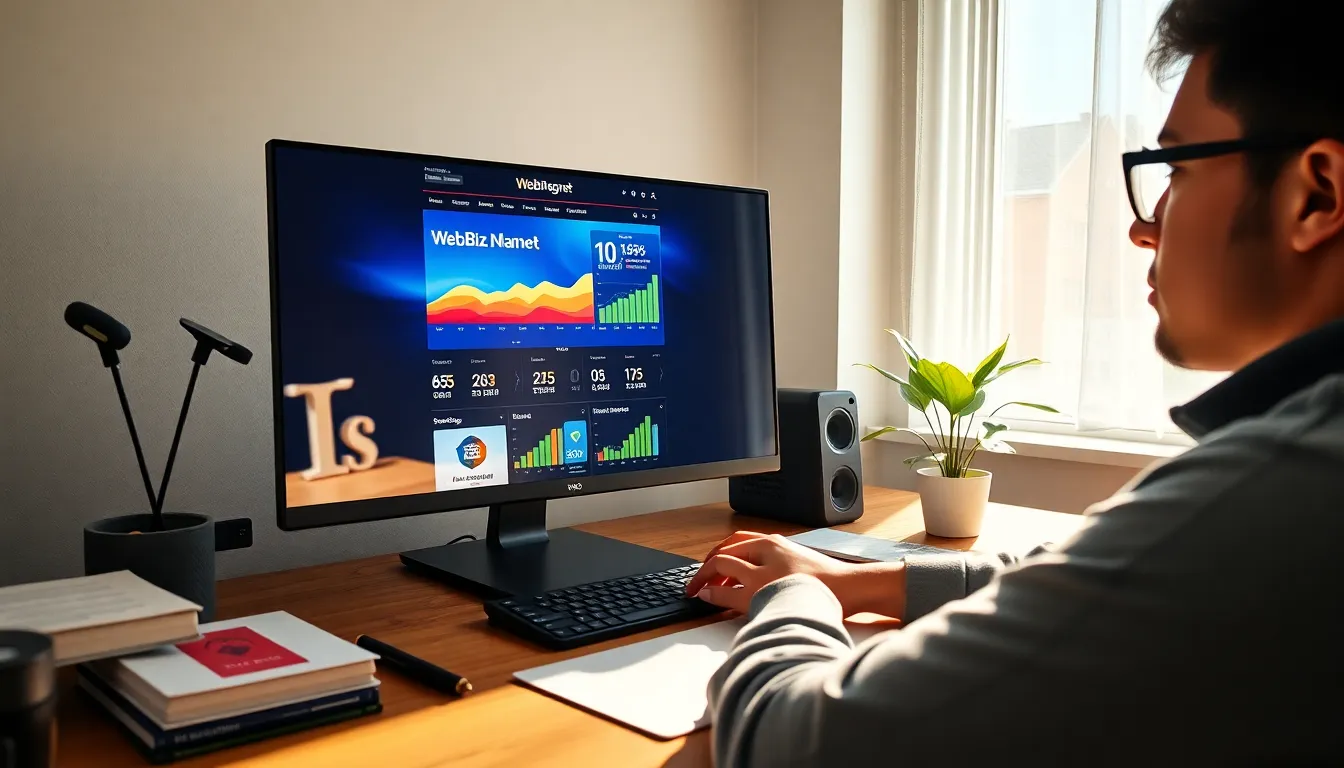 a young professional analyzing website performance metrics at a modern desk.