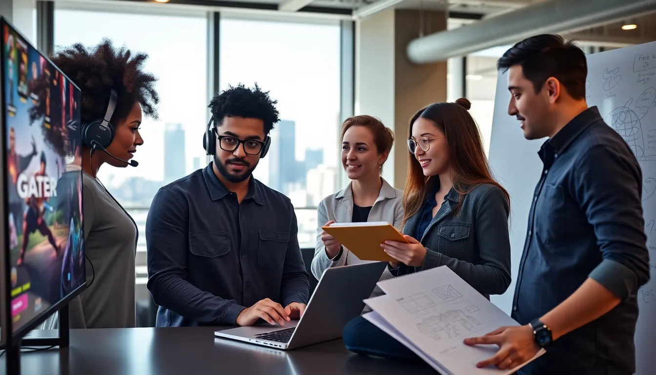 a diverse team brainstorming game ideas in a modern office.