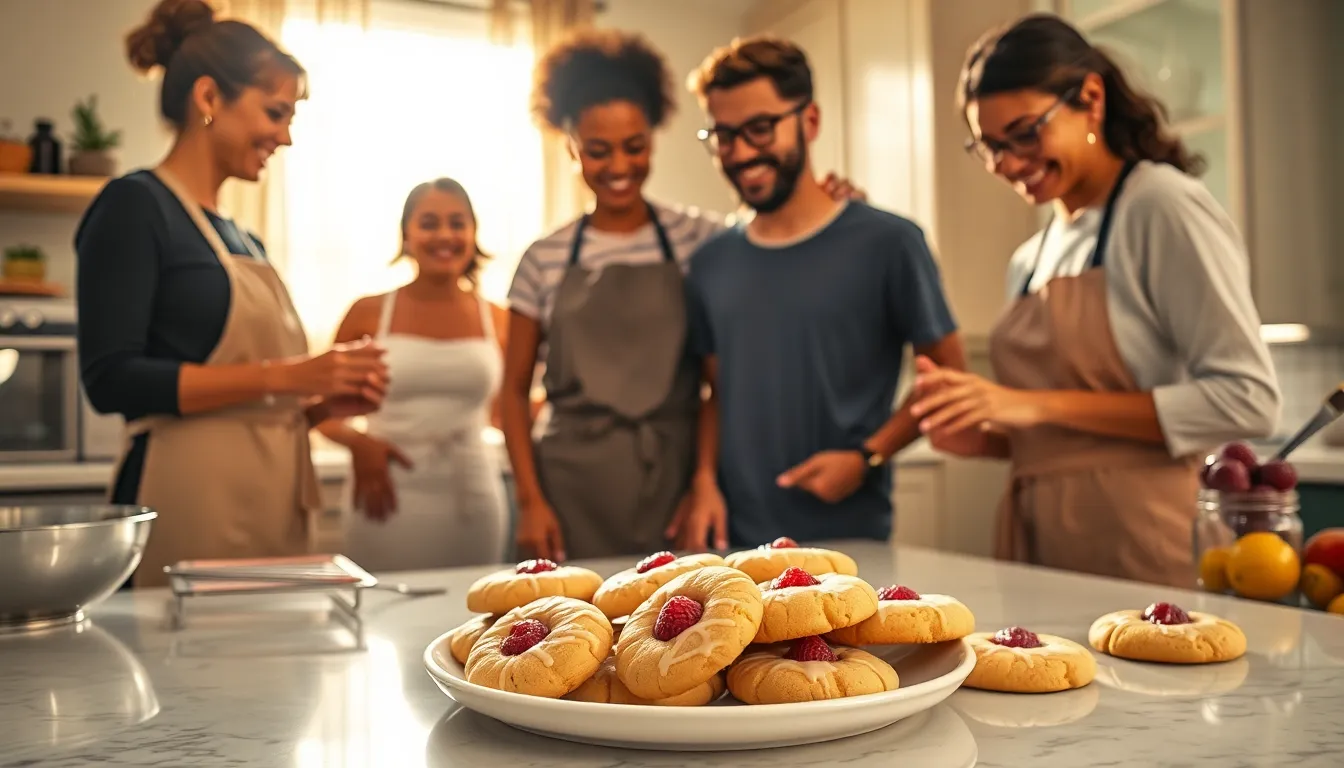 diverse bakers collaborating in a modern kitchen with raspberry lemonade cookies.
