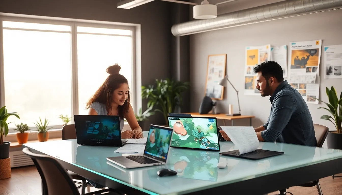 diverse game development team collaborating in a modern studio.