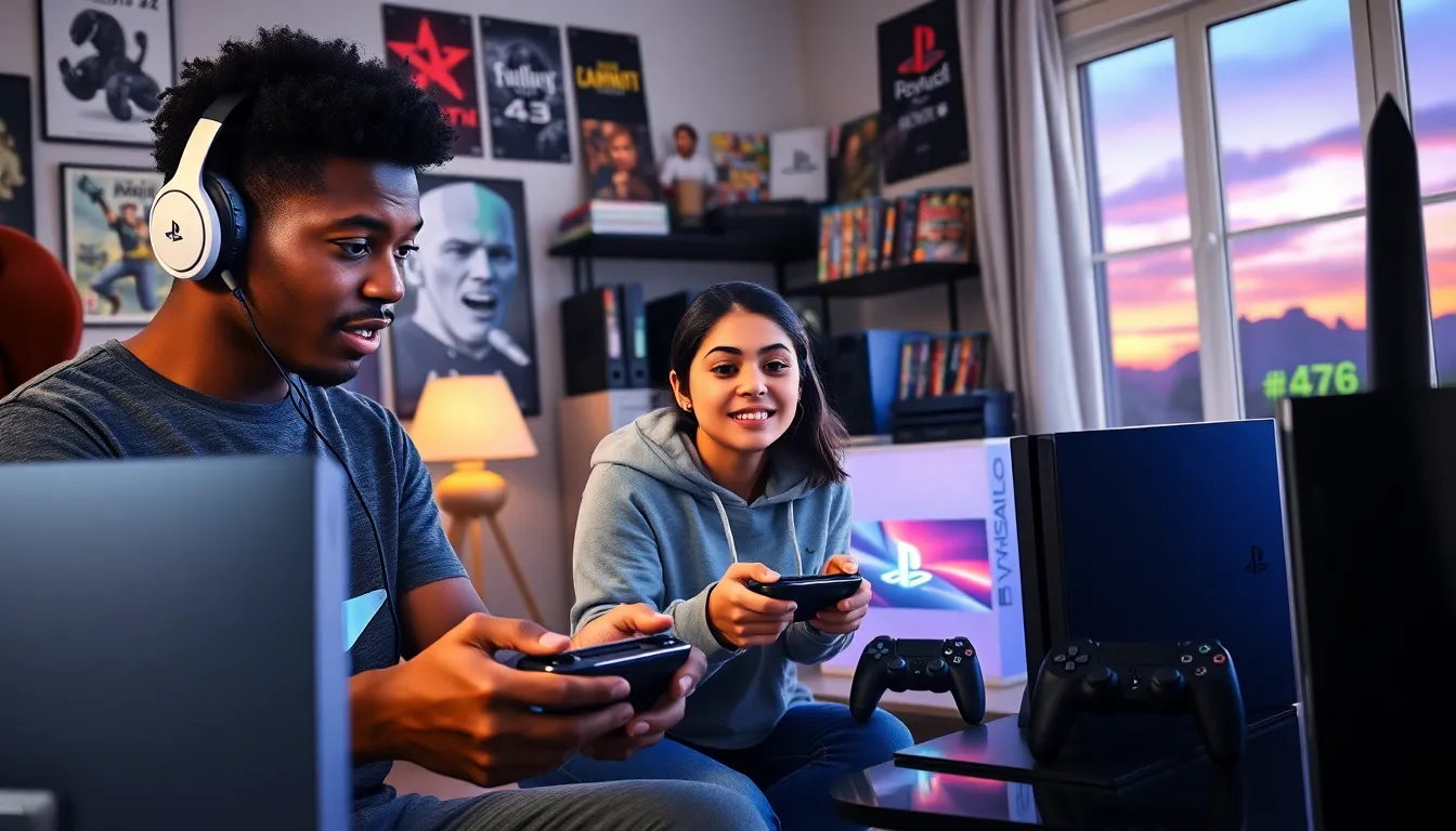 a diverse group of gamers playing on a PlayStation 5 with vintage consoles in the background.