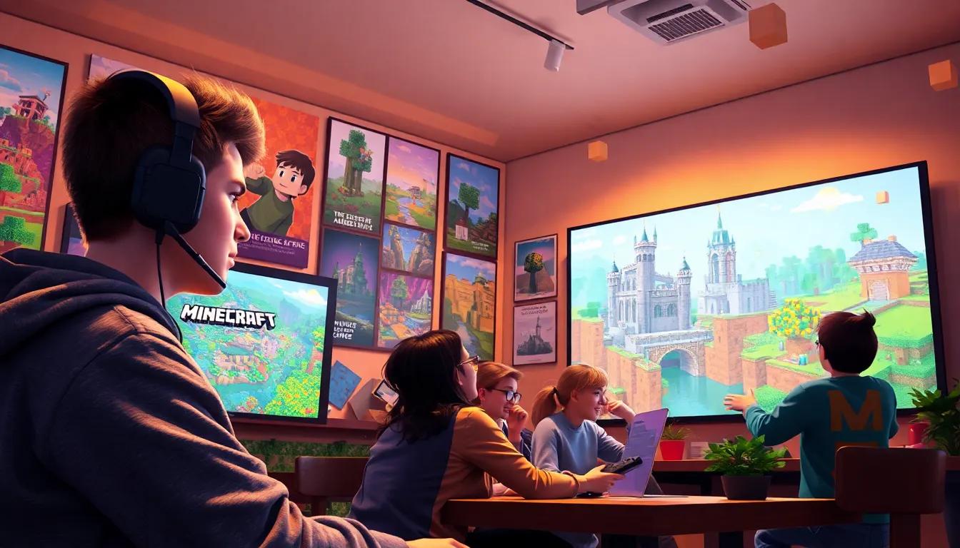 Gamers in a vibrant Minecraft-themed room, sharing tips and strategies.