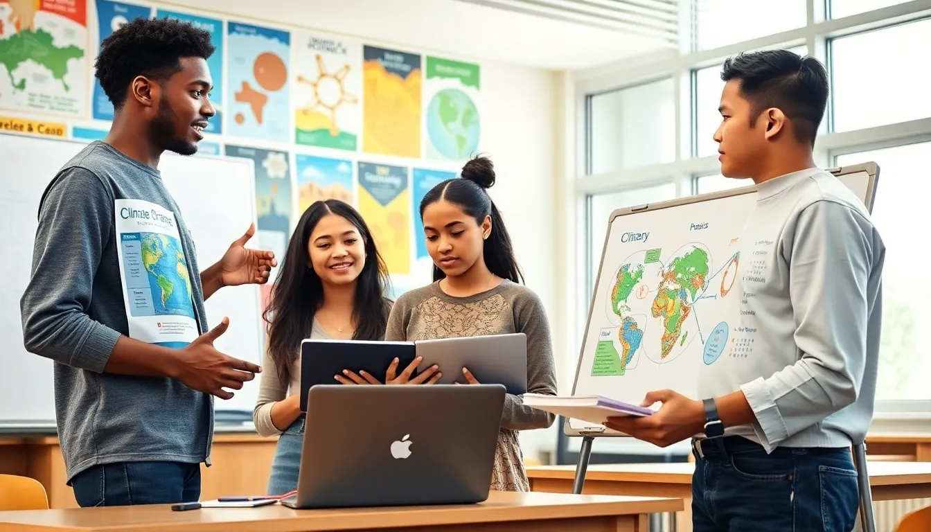 Students collaborating on a climate change science project in a modern classroom.