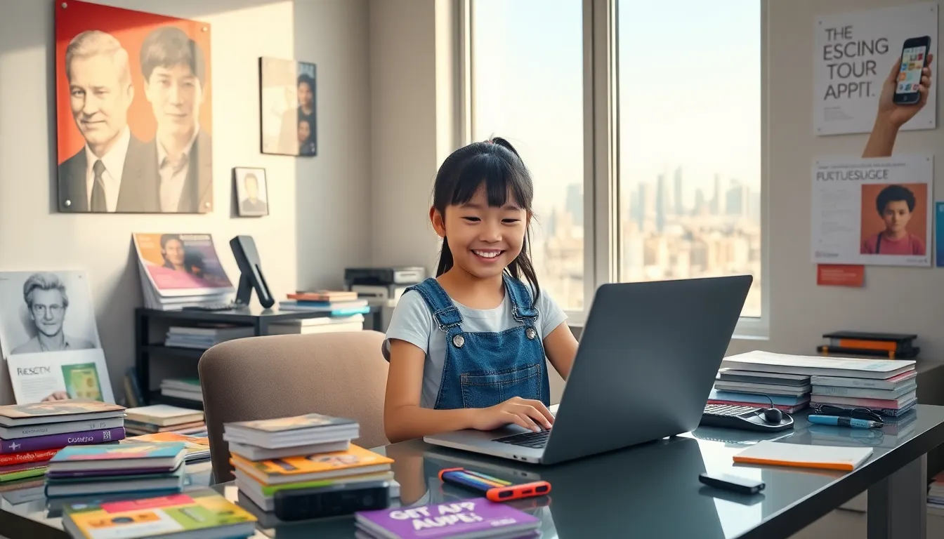 A young girl coding at a desk in a sunny San Francisco room.