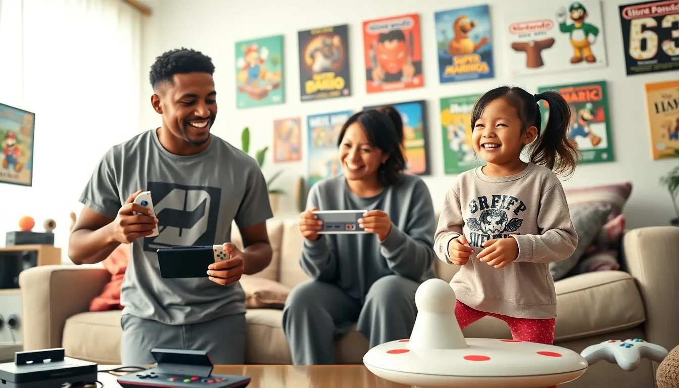 three gamers enjoying different Nintendo gadgets in a modern living room.