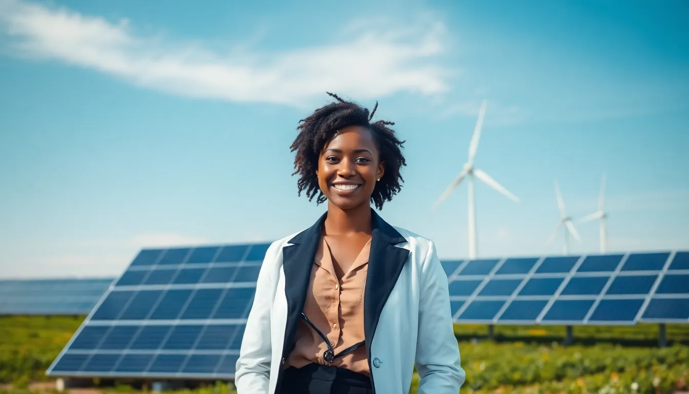 a woman standing confidently near a modern energy facility.