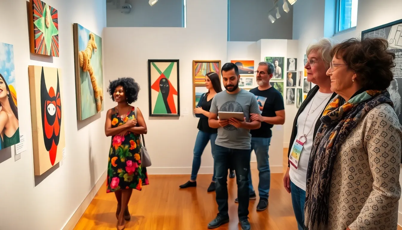 a diverse group of people engaged in an art gallery, celebrating creativity.